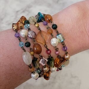 Cookie Lee Multi Strand Bracelet Multicolor Brass Tone‎ Beaded Toggle Boho Funky